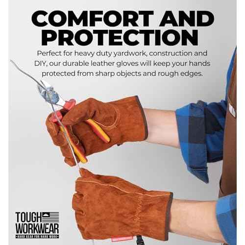 Tough Workwear Leather Work Gloves - Cow Split Leather Gardening & Construction Gloves - Brown