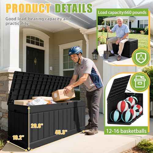 Greesum 82 Gallon Resin Deck Box Large Outdoor Storage for Patio Furniture, Garden Tools, Pool Supplies, Weatherproof and UV Resistant, Lockable, Black