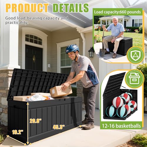 Greesum 82 Gallon Outdoor Storage Box with Lid - Waterproof, Lockable Patio Garden Bin (Black)