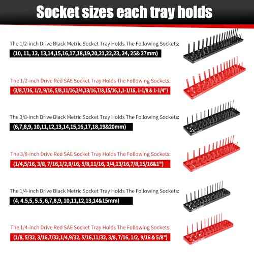 TOOLEAGUE 7Pcs Socket Organizer Tray and Magnetic Wrench Holder Set,Red SAE & Black Metric, 1/2", 1/4", 3/8" Socket Storage Trays for Tool Box Drawer