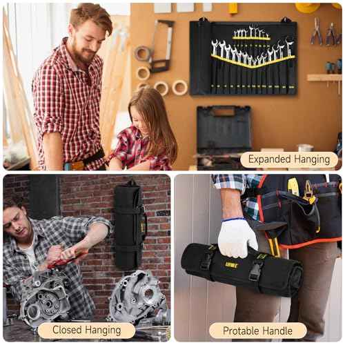 Wrench Roll Organizer,Wrench Roll Up Pouch with 23+1 Pockets,Heavy Duty Tool Roll for Metric & SAE Wrenches,Large Wrench Holder Organizer Bag for Men,Mechanics(Black)