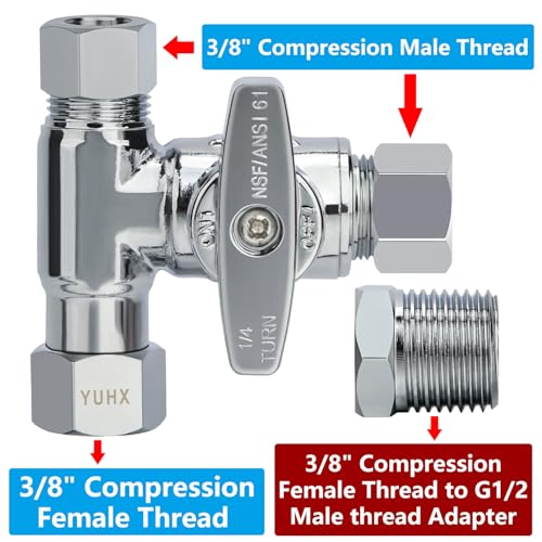 YUHX Brass 3/8" Compression T-Adapter Valve for Bidet, Toilet, Water Line Splitter G1/2