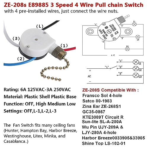 Bsentster Ceiling Fan Switch ZE-208s 3-Speed 4-Wire Bronze Pull Chain Replacement Part