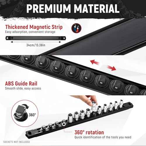 Magnetic Socket Organizer, 1-Piece Heavty Duty ABS Socket Holder, Socket Rail for Tool Box, Premium Quality 360¡Æ Swivel Socket Rack with 14 Clips for 3/8-Inch(Black)