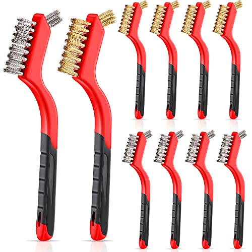 Patelai 10 Pcs Wire Brush Set Stainless Steel Brass Nylon Wire Brushes with Handle for Cleaning Narrow Areas Rust Removal Paint Scrubbing (Classic)