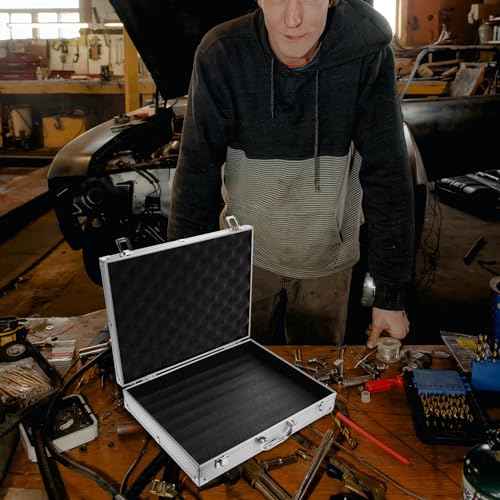 Aluminum Briefcase, Portable Lockable Empty Silver Metal Tool Box Small Container Locking Storage Case with Ripple Foam and Handle for Storage and Carrying, 14.5x11.2x3.0in