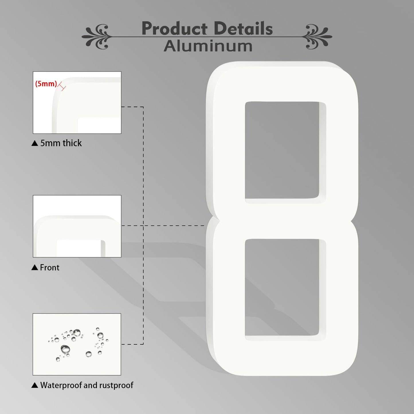 5 Inch Floating White Aluminum House Numbers Letters, Modern Metal House Numbers for Outside, White Address Letters, Aluminum Address Number for Garden Office Apartment (N)