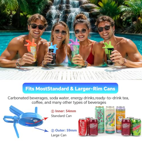 QQIZHA Colorful Soda Can Lids with Straws 4 Pack – Reusable Covers with Handle, Dual-Rim Fit & Included Opener