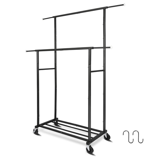 Fishat Stand Portable Black Double Rods Garment Rack with Rolling Clothes Organizer on Lockable Wheels Mobile, 48" W x 15" D x 67" H, Metal Simple Hanging Clothes with 2 Hook
