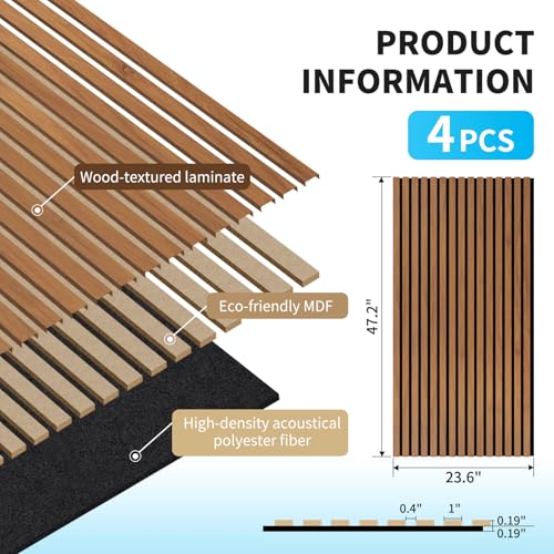 Art3d 47 x 23.6 Inch Chestnut Acoustic Wood Slat Wall Panel 4-Pack