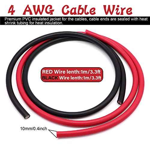 4 AWG Gauge Black Red Battery Power Tinned Copper Flexible Welding Cable Wire Marine Grade Boat Inverter 3 1/4 Feet with 3:1 Heat Shrink Tube and Lugs Terminal Connectors