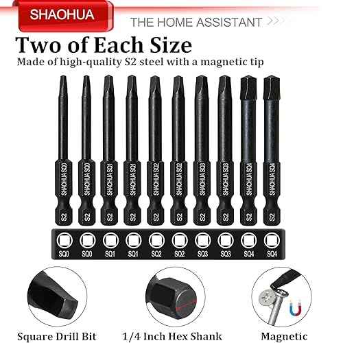 10PCS Square Drill Bit, 2.36" Magnetic Head Robertson Screwdriver, 1/4 Inch Hex Shank Square Bit Set Sizes #0,1,2,3 and #4, PREMIUM S2 Alloy Steel Robertson Driver Bits, Pocket Hole Screw Drill Bit