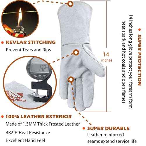 Leather Welding Gloves for Men or Women, Fire and Heat Resistant gloves for Stick,Tig,Mig,Fireplace,BBQ,Oven,Grill,Wood Stove,Animal Handling Gloves,Bite Proof for Cat or Dogs,Welders Gifts