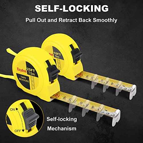 2 Packs Tape Measure 25 ft /16 ft, Esydon Measuring Tape Extendable, Self-Locking Tape Measurer, Easy Read Imperial/Metric Scale Measurement Tape for Designer, Decorator, & Handicraftsman