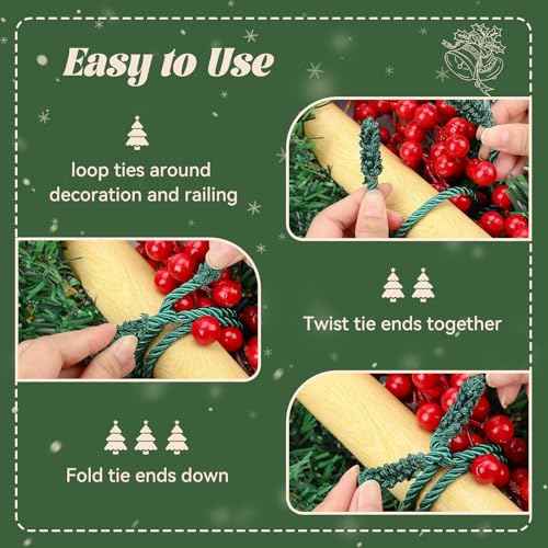 Christmas Holiday Garland Ties Decorative Wreath, 12 Pcs Flexible Gift Craft Wrapping Decorations for Home Banister, Lamp Posts, Christmas Stocking or Stairs Outdoors Decoration(Green&Red)