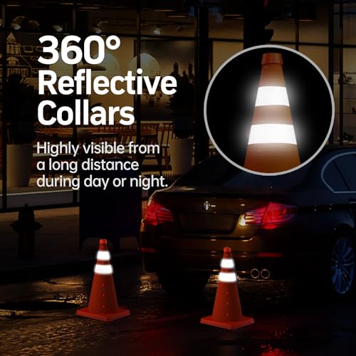 BATTIFE 4 Pack 18-Inch Collapsible Orange Traffic Cones with Reflective Strips & Storage Bag