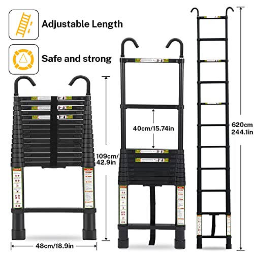 RIKADE 20.3 FT Aluminum Telescoping Ladder with Detachable Hooks, Black, Lightweight Collapsible Extension Ladder for Roof & RV