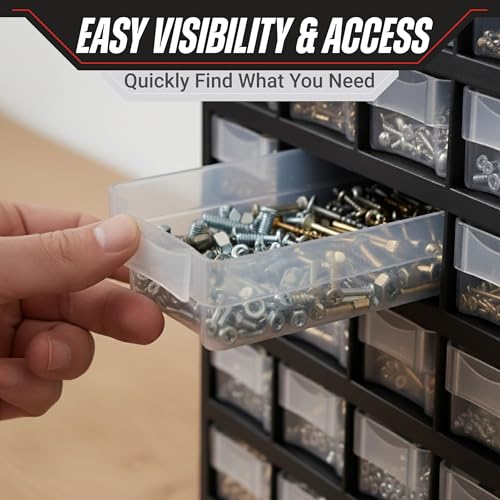 Storage Bin with Drawers 41-Drawer Plastic Parts Organizer by Stalwart (Black) – 40 Small + 1 Large Drawer