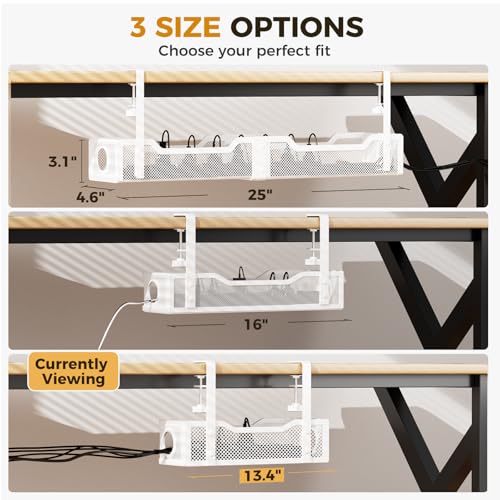 Cinati White Under Desk Cable Management Tray 13.4" Metal Cord Organizer - No Drilling, 1 Pack