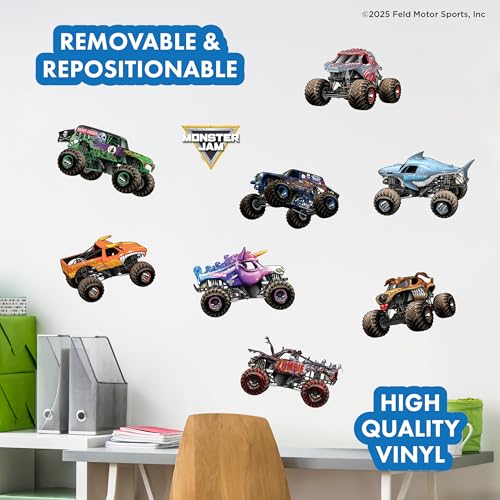 WALL PALZ Monster Jam Trucks Wall Decals Pack - Grave Digger & More, Repositionable Vinyl Room Decor