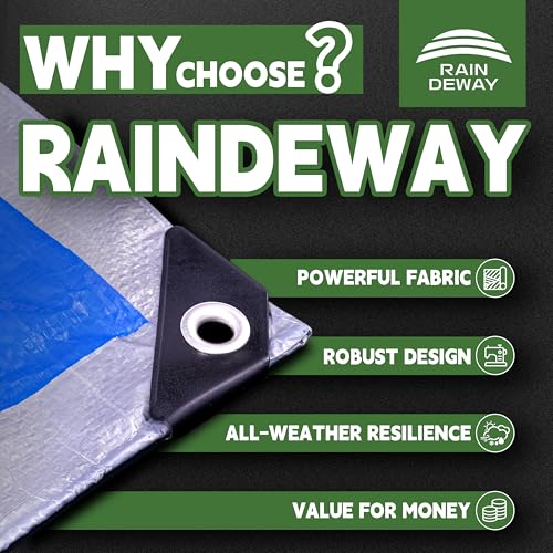 RAINDEWAY 8x10ft Blue/Silver Waterproof Poly Tarp Cover - 5.5 Mil Multipurpose