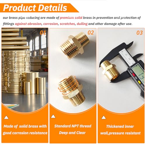 2pcs Brass NPT Reducing Pipe Fittings 1/2" to 3/8" NPT Adapters, Solid Hex Nipples