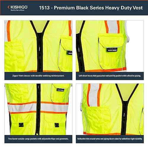 Kishigo Premium Black Series Heavy Duty Unisex Reflective Safety Vest, ANSI Type R/Class 2 Compliant, 6 Pockets