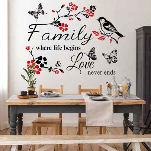 Datesno Family is Everything - Red Wall Decor Sticker Letter Print Vinyl Wall Art Decal Removable Wall Stickers Quotes Art Mural Home Decor for Living Room Dining Room Kitchen