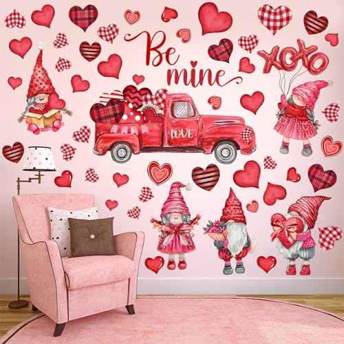 6 Sheets 54 Pieces Valentine¡®s Day Wall Decals Removable Decals Gnome Wall Stickers Love Heart Pattern Cupid Decal Valentine¡®s Day Decoration for Living Room Anniversary Party Home Decor