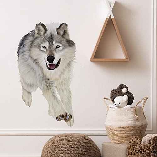 Lifelike Running Wolf Wall Decal Nursery Animal Wall Sticker Removable Peel and Stick Wall Art Decor Stickers for Kids Baby Classroom Preschool Living Room Playing Room Bedroom School