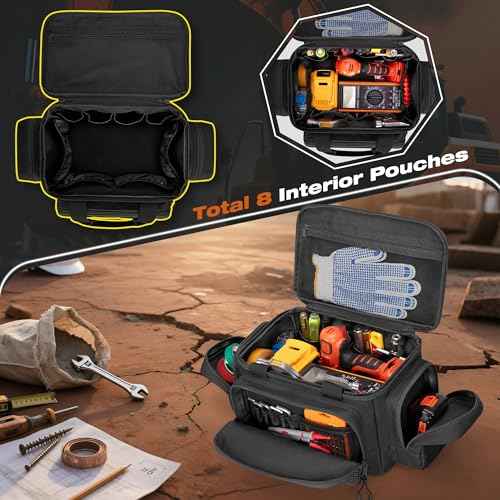 Small Tool Bag with Anti-friction Bottom, Tactical 12" Tool Tote for Men, Hand Tool Storage Organizer for Electrician, Repairman and Carpenters, Black