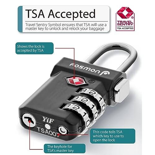 Fosmon TSA Accepted Luggage Locks, (4 Pack) Open Alert Indicator 3 Digit Combination Padlock Codes with Alloy Body and Release Button for Travel Bag, Suit Case & Luggage - Black