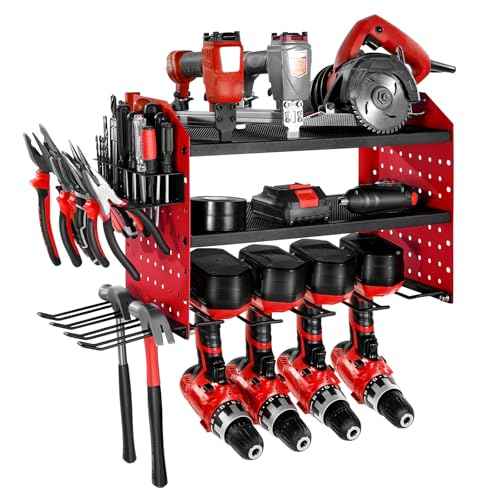 VEVOR Power Tool Organizer Wall Mount, 3-Layer Storage Rack with 4 Drill Holders, Tools Holder and Storage Rack with Side Pegboards, Garage Tool Organizer for Garage, Workbench, and Workshop