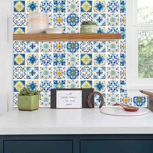 Floral Self-Adhesive DIY Stickers Peel and Stick Backsplash Waterproof Wall Art Decals Home Decor in Boho Talavera Moroccan Design, 4x4 Inch