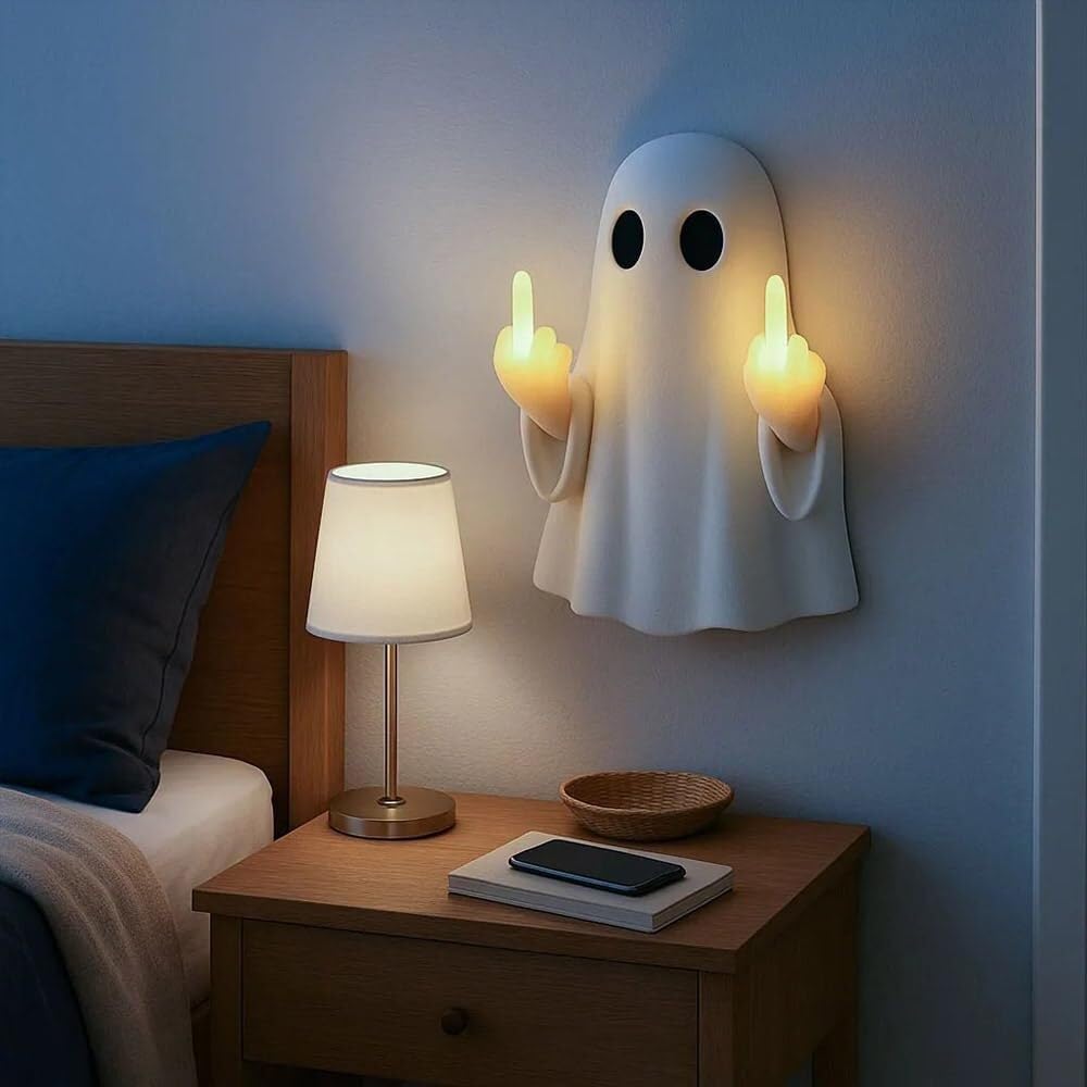 Ghost Middle-Finger LED Lamp, Cute Ghost Statue, Halloween Ghost Decoration, Spooky Middle Finger LED Lights, Cute Halloween Ghost Decor Night Light for Halloween Party Decorations(Medium)