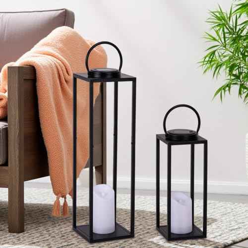 Large Solar Outdoor Lanterns, 25" 16" Tall Farmhouse Black Metal Waterproof Decorative Lanterns with Solar Candles for Front Porch, Patio, Christmas, Fall Decor- Set of 2