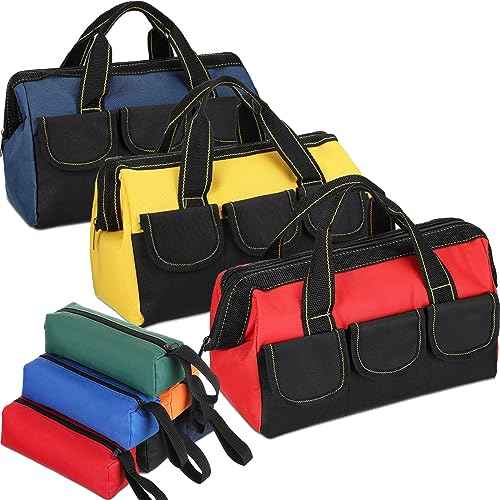 Sanwuta 9 Pcs Tool Bag for Men 3 Heavy Duty Wide Mouth Tool Bags and 6 Small Waterproof Pouch Tote for Electrician Carpenter Mechanic Father's Day Christmas Gifts(13 Inch,Blue Red Yellow)