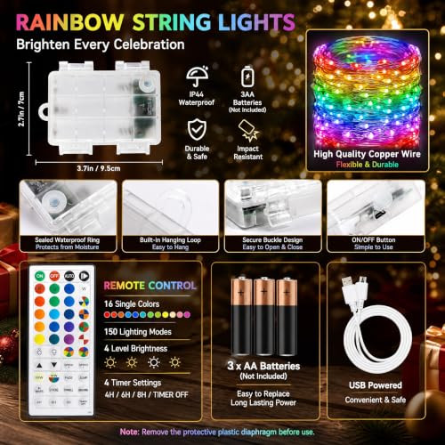 Dazzle Bright RGB Color Changing Fairy Lights 40FT Battery & USB Operated 2 Pack Waterproof Indoor Outdoor String Lights