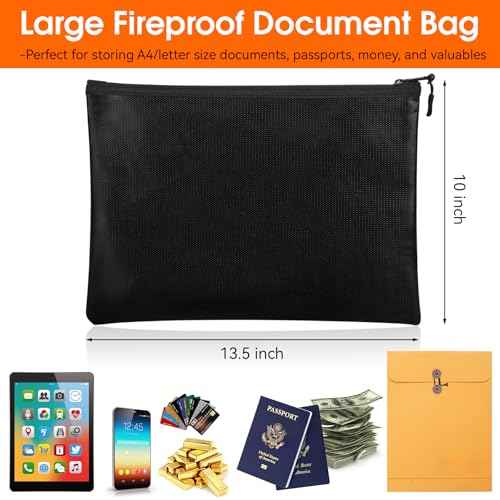 Fireproof Document Bag (10"x13.5"), Waterproof Holder with Zipper for Passport, Important Papers, Cash, Money and Valuables, Secure Storage Organizer for Travel, Home, Office