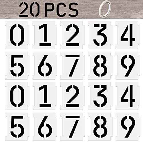 4 Inch Curb Stencil Kit 0-9 Address Number Stencil, 20Pcs Reusable 14 Mil Mylar Plastic Numbers Stencils with Masking Tape for Painting on Road, Wall, Wood, Mailbox(4"Tall)