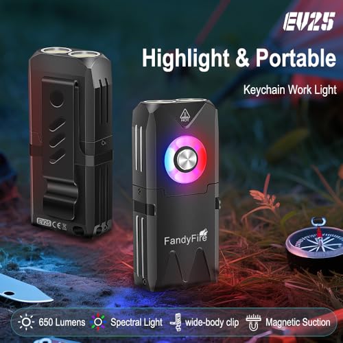 650 High Lumen EDC Keychain Flashlight, Rechargeable Mini Clip-on Flashlight with RGB Light, IP66 Waterproof, Multi-Functional & Tail Magnet for Outdoor Emergency Gear(EV25)