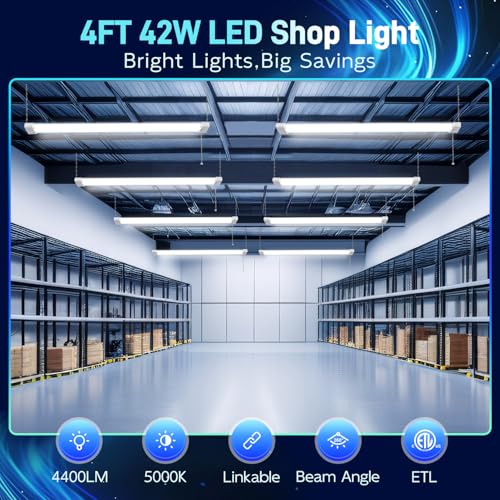 Hykolity 4FT LED Shop Light Linkable 4400LM Daylight White 5000K, White, 42W