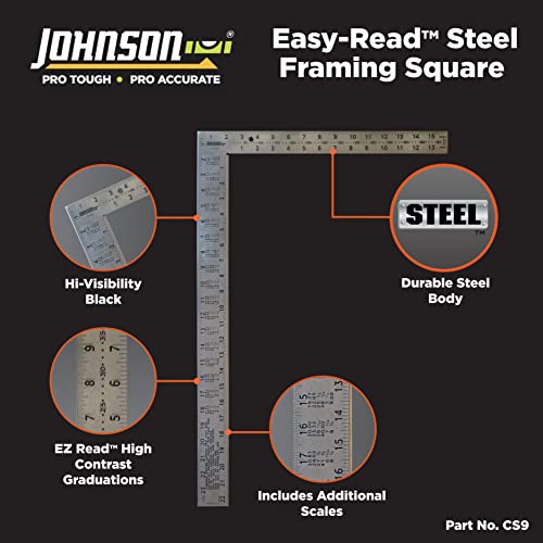 Johnson Level & Tool CS9 Steel Framing Square, 16" x 24", Silver, 1
