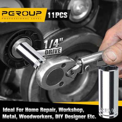 1/4¡± Drive SAE Socket Set, 11PCS Deep Hex Socket Set (3/16¡±-9/16¡±), Cover Most Commonly Sizes, Chrome Vanadium Steel with 3/8¡±F to 1/4¡±M Socket Adapter