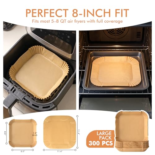 HOTEC 300-Count 8in Square Air Fryer Liners, 5-8 Qt, Unbleached Non-Stick Parchment