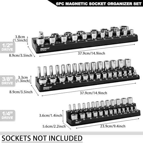 Magnetic Socket Organizer Set 6Pcs, Magnetic Socket Holder, 1/4", 3/8", 1/2" Drive Metric SAE Standard & Deep Sockets Magnetic Socket Trays