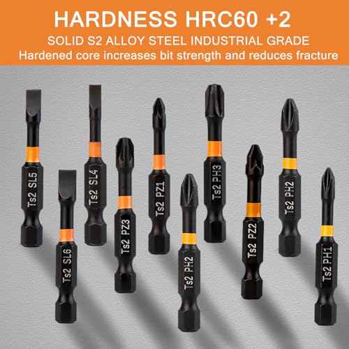 Magnetic Drill Bits - 10 Pack Mixed, Screwdriver Bit Set with S2 Alloy Steel, Impact Driver Tips for Standard Drills, Flat, Cross, PZ Tips for DIY/Pro Use