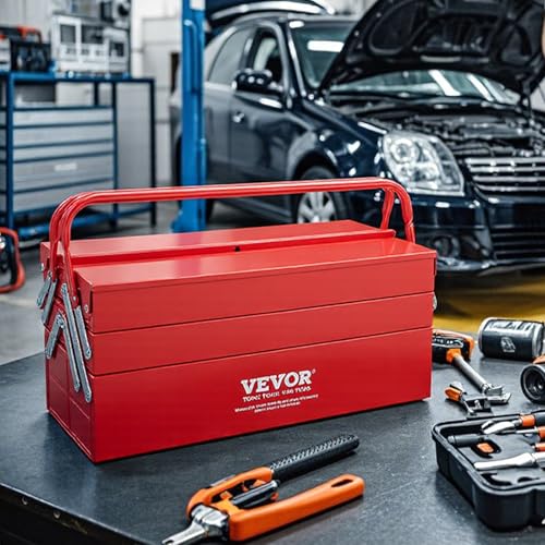 VEVOR 18-Inch 3-Tier 5-Tray Metal Tool Box with Dual Handles, Red