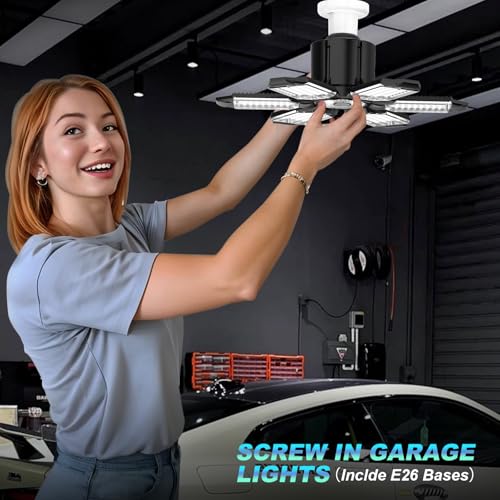LUCORUSC 6 Pack LED Garage Lights 200W Deformable Ceiling Shop Lights, E26/E27, 6500K, 20000LM, Bright Workshop Basement Attic