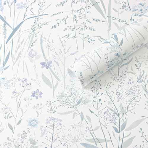 Heroad Floral Peel and Stick Wallpaper Boho Contact Paper Morandi Watercolor Sage Green Blue Flower Wallpaper Modern Wall Paper for Bedroom Removable Self-Adhesive Thicken Decoration 17.3In x 14.8Ft